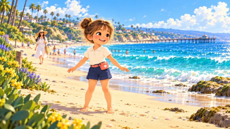 Cleo, an animated girl with two buns, standing barefoot on a sunny beach in a cream polo, navy shorts and a coral shell pouch.