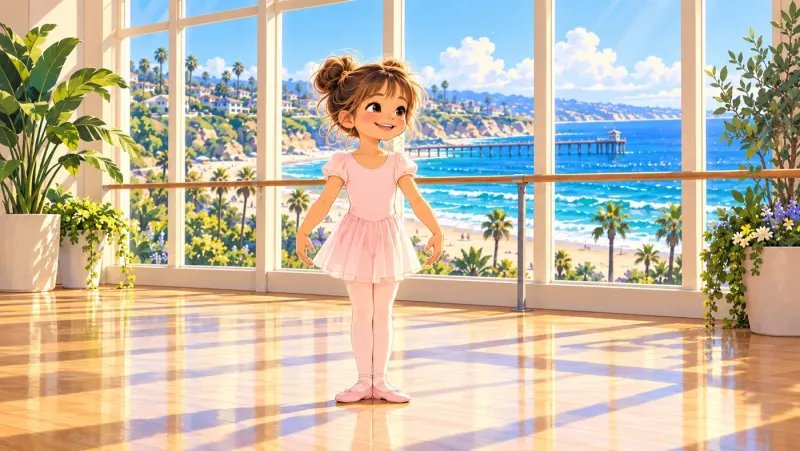 Cleo in a pink leotard in a sunny ballet studio. Big windows behind her look over a blue cove, a beach and a long pier.