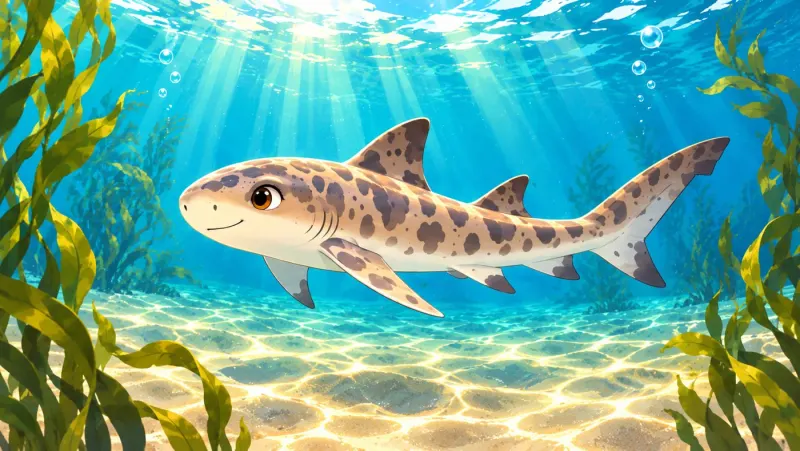 Ellie, an animated young leopard shark with a sandy spotted body, swimming through sunlit water between swaying kelp.