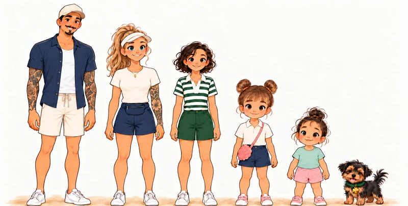 The whole family in concept art, standing in a row: Daddy in a cap and an open navy shirt, Mother with a blonde ponytail, a big sister in a striped polo, Cleo with two buns and her coral pouch, a little sister in pink shorts, and Lucky, a fluffy little pup.