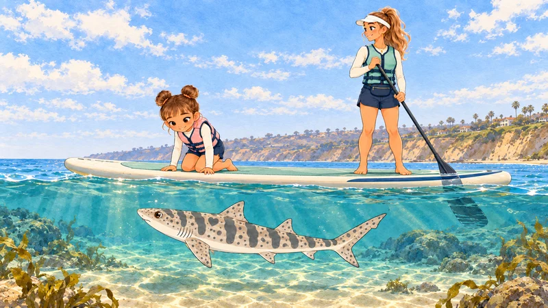 Mother stands on a paddleboard in a sea-glass life vest while Cleo kneels at the front and peeks down. Ellie, a young leopard shark, swims just below them in the clear water.