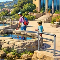 Kids and a grown-up looking into rocky tide pools by a building on a hill.
