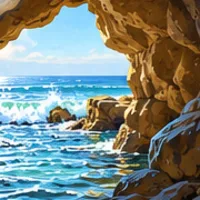 Waves rolling into a golden sea cave, seen from inside the arch.