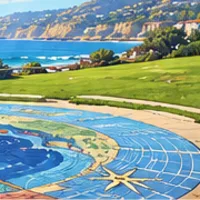 A big blue mosaic map set into the ground by the grass, with a starfish tile and the ocean beyond.