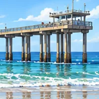 The end of a long wooden pier on tall legs, with a small building on top, over blue water.