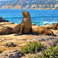 Sea lions resting on sunny rocks by the water.