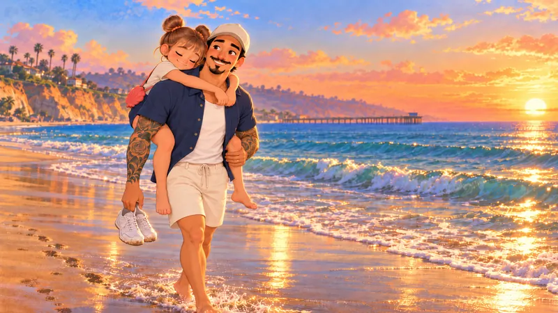 Daddy, in a cap and an open navy shirt, walks barefoot along the wet sand at sunset, carrying Cleo on his back and his own sneakers in his hand. Cleo rests her cheek on his shoulder, and the pier stretches out behind them.