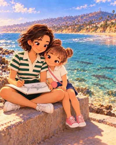 Estelle, in a green striped polo, sits cross-legged on a sunny seawall drawing in her sketchbook while Cleo leans on her shoulder to watch. In the clear water below them, leopard sharks swim past the rocks.