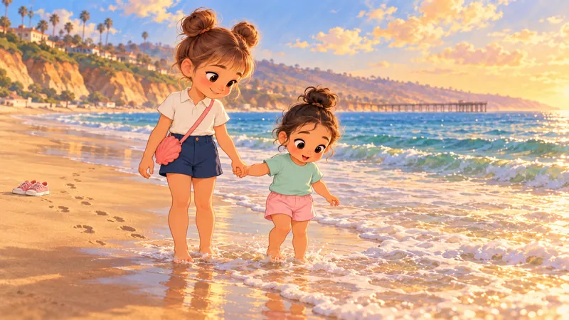 Cleo, barefoot in a cream polo and navy shorts with her coral shell pouch, holds Evie's hand as the toddler, in a mint shirt and pink shorts, steps into a tiny foamy wave. Cleo's pink sneakers wait on the sand, and the pier glows in the evening sun.