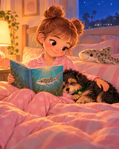Cleo, in pink pajamas with little shells on them, sits in bed reading a picture book with a leopard shark on the cover. Lucky, a fluffy black and tan pup, sleeps against her, a plush Ellie with a little heart on her side rests on the pillow, and stars shine through the window.