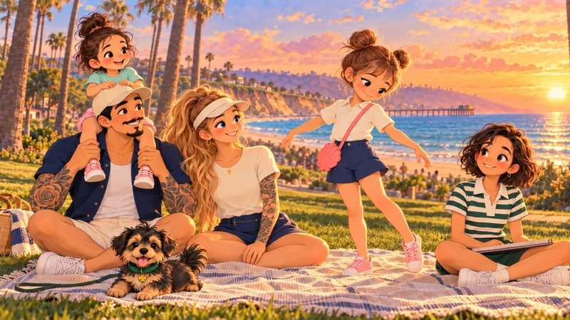 The whole family on a picnic blanket on the grass at sunset: Daddy sits with Evie on his shoulders, Mother in a white visor sits beside him, Cleo twirls in the middle, Estelle sits cross-legged with a sketchbook, and Lucky the pup rests in front. Palm trees, the pier and the ocean glow behind them.