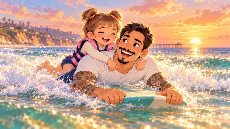 Daddy, smiling wide, rides a boogie board through a foamy wave while Cleo, in a pink life vest, holds on to his back and laughs. Behind them the sun sets beside a long pier.