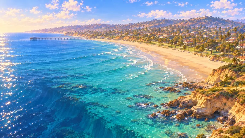 A painted view from high above La Jolla Shores on a clear afternoon: turquoise water over rocky reefs, gentle waves rolling onto a long sandy beach, a pier reaching out to sea, and palm trees and houses on the hills.