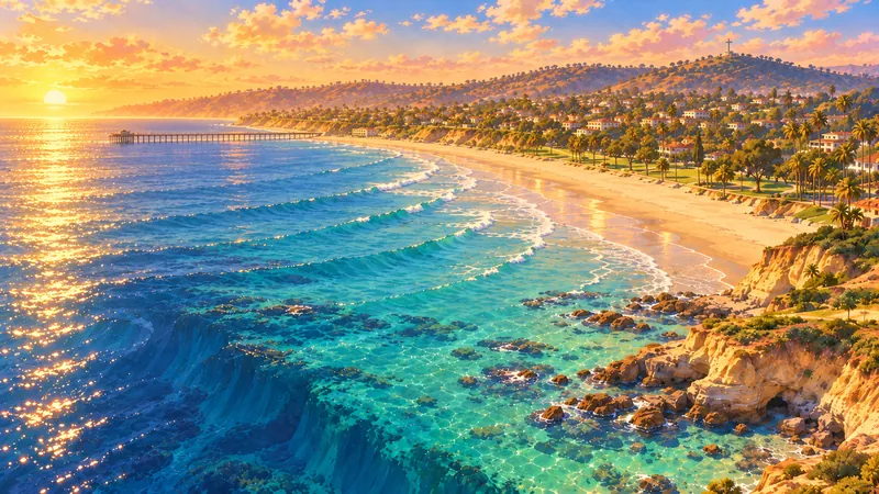 The same high view of La Jolla Shores in warm evening light, with the sun low over the ocean beside the pier, orange clouds, and sparkling water over the reefs.