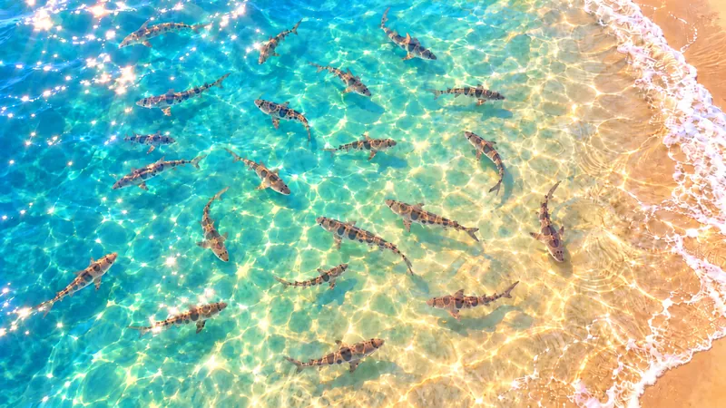 A painted view from above of leopard sharks with dark spots and saddle stripes, resting in clear, sunlit water beside a sandy shore edged with soft foam.