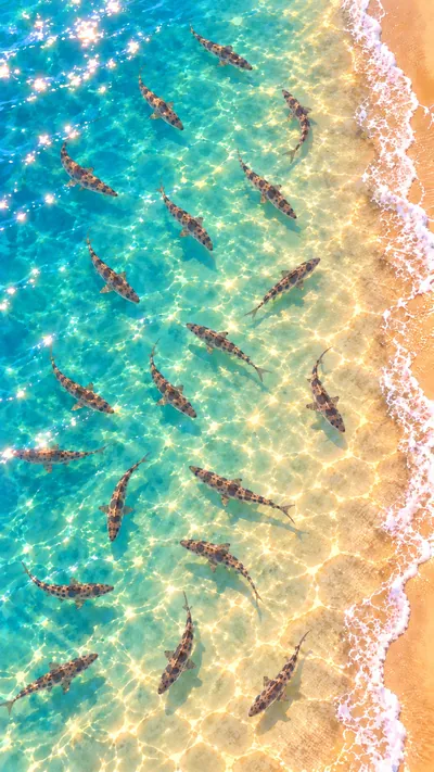A tall painted view looking straight down at about twenty leopard sharks resting in sparkly, see-through water, with soft foamy waves and sand along one side.