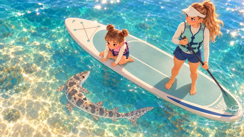 Mother stands on a white paddleboard holding a paddle, in a visor and a sea-glass life vest. Cleo, in a pink life vest, kneels at the front and peeks over the edge at Ellie, a young leopard shark swimming just below in the clear water.