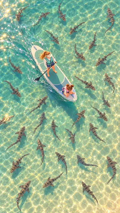Looking straight down at Mother paddling a white paddleboard with Cleo kneeling at the front. They glide slowly over clear water while many leopard sharks swim around them, a kind distance away, over a sunlit sandy bottom.