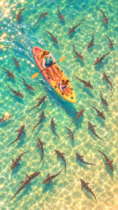 Looking straight down at Mother and Cleo in a coral and yellow kayak, Mother paddling at the back, gliding through clear blue-green water with many leopard sharks swimming all around.