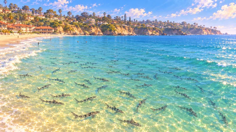 A painted view across clear, shallow water near a sandy beach, where dozens of spotted leopard sharks swim calmly. A few swimmers are far off, and cliffs with houses and palm trees line the shore.